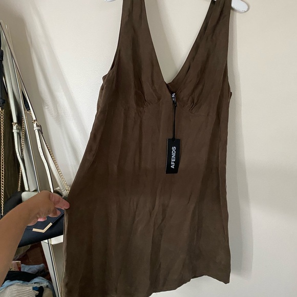 Afends Grace Cupro  V-neck Mini Summer Dress Coffee sleeveless size XL - Picture 6 of 15
